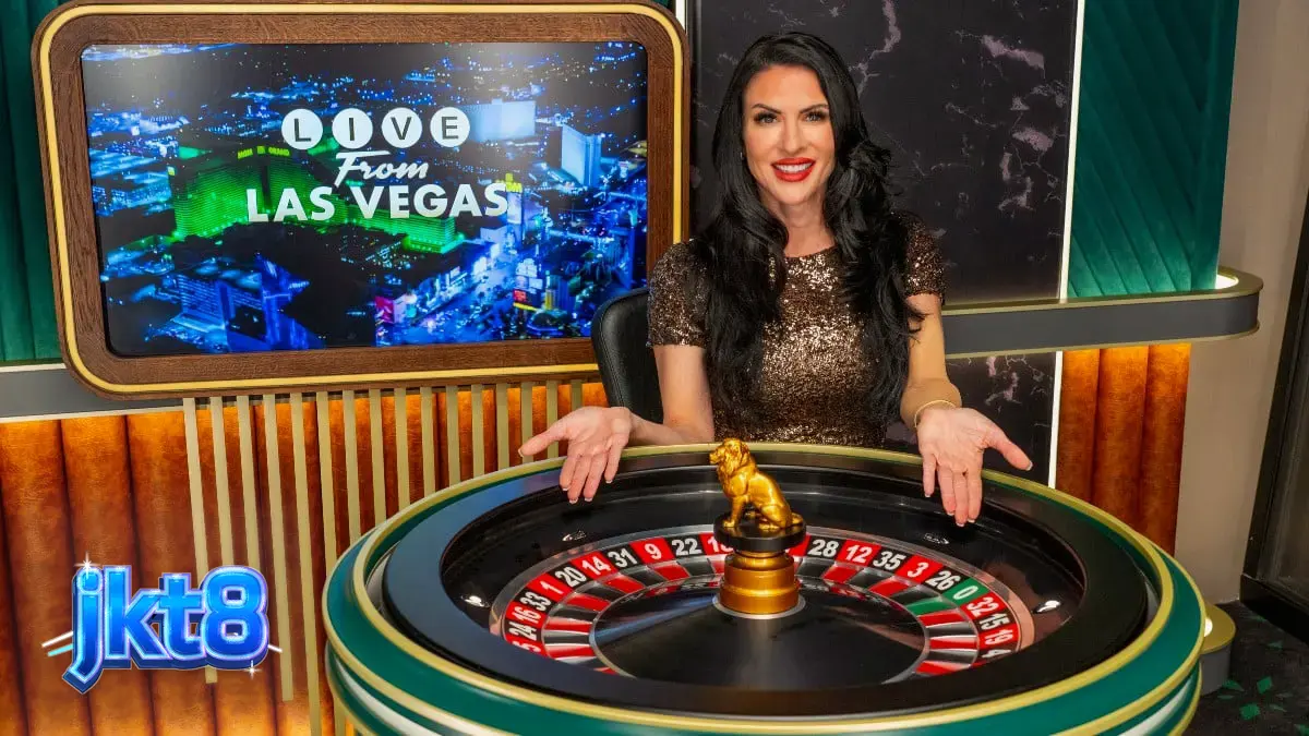Suasana meja kasino live dealer yang mewah dengan pencahayaan khas Las Vegas
