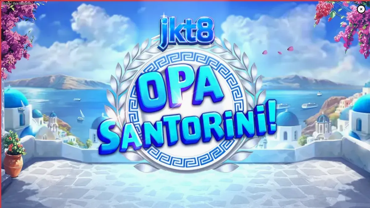 Pemandangan visual slot Opa Santorini dengan latar belakang arsitektur khas Yunani
